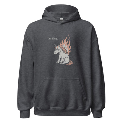 Dark gray hoodie with a unicorn graphic and 'I'm fine.' text on a white background