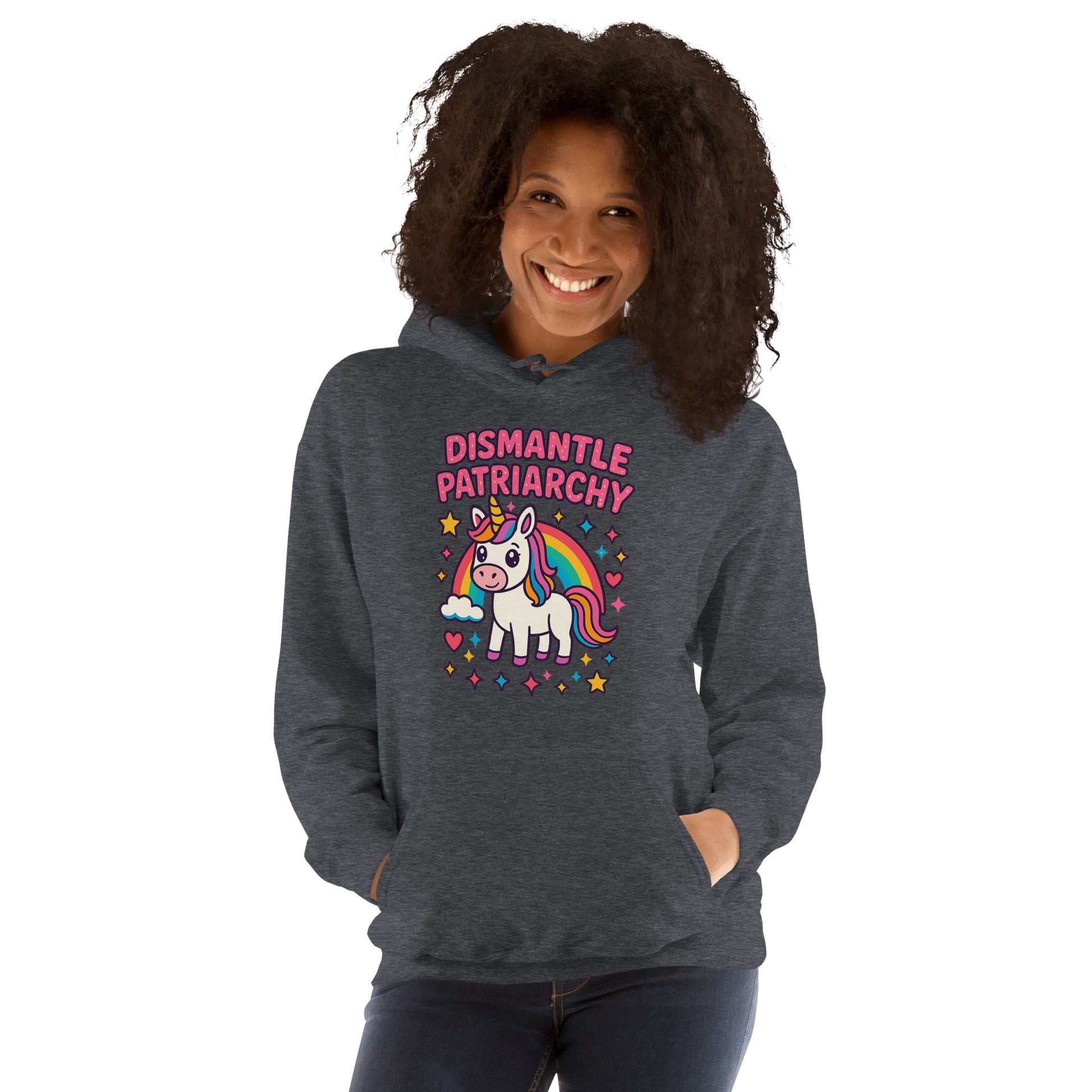 Person wearing a dark gray hoodie with a unicorn graphic and text on a white background