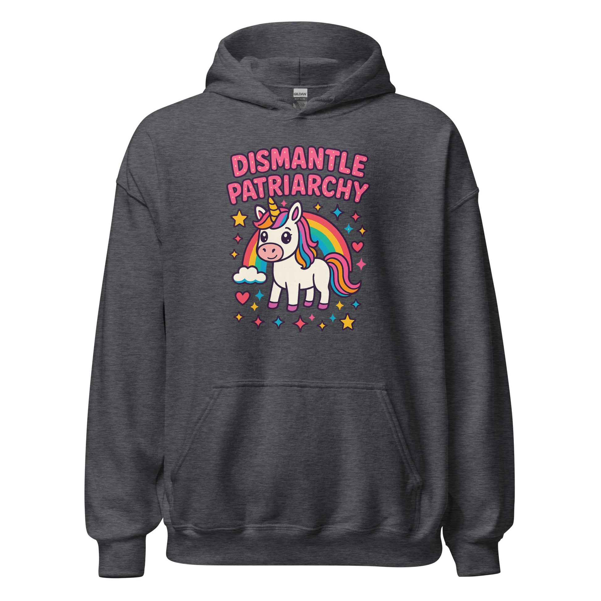 Dark gray hoodie with unicorn graphic and 'Dismantle Patriarchy' text on a white background