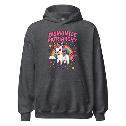 Dark gray hoodie with unicorn graphic and 'Dismantle Patriarchy' text on a white background