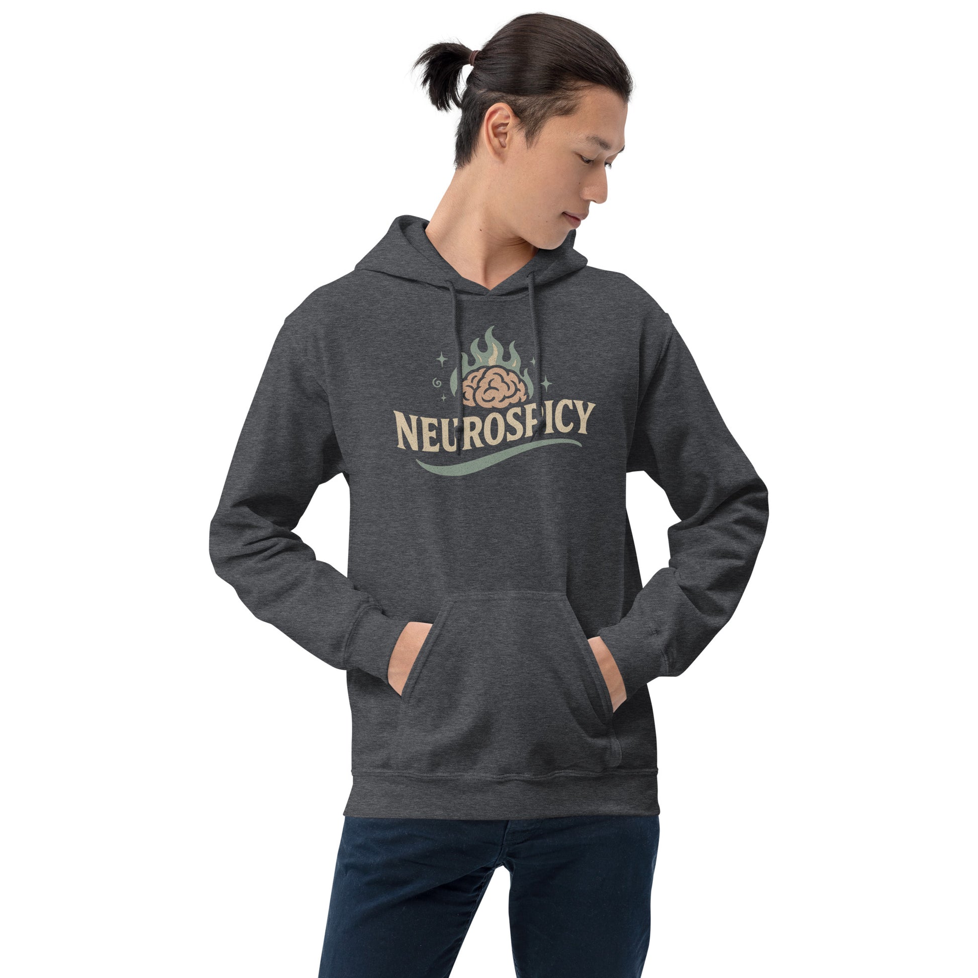 Person wearing a dark gray hoodie with 'NEUROSECURITY' text and brain graphic on a white background