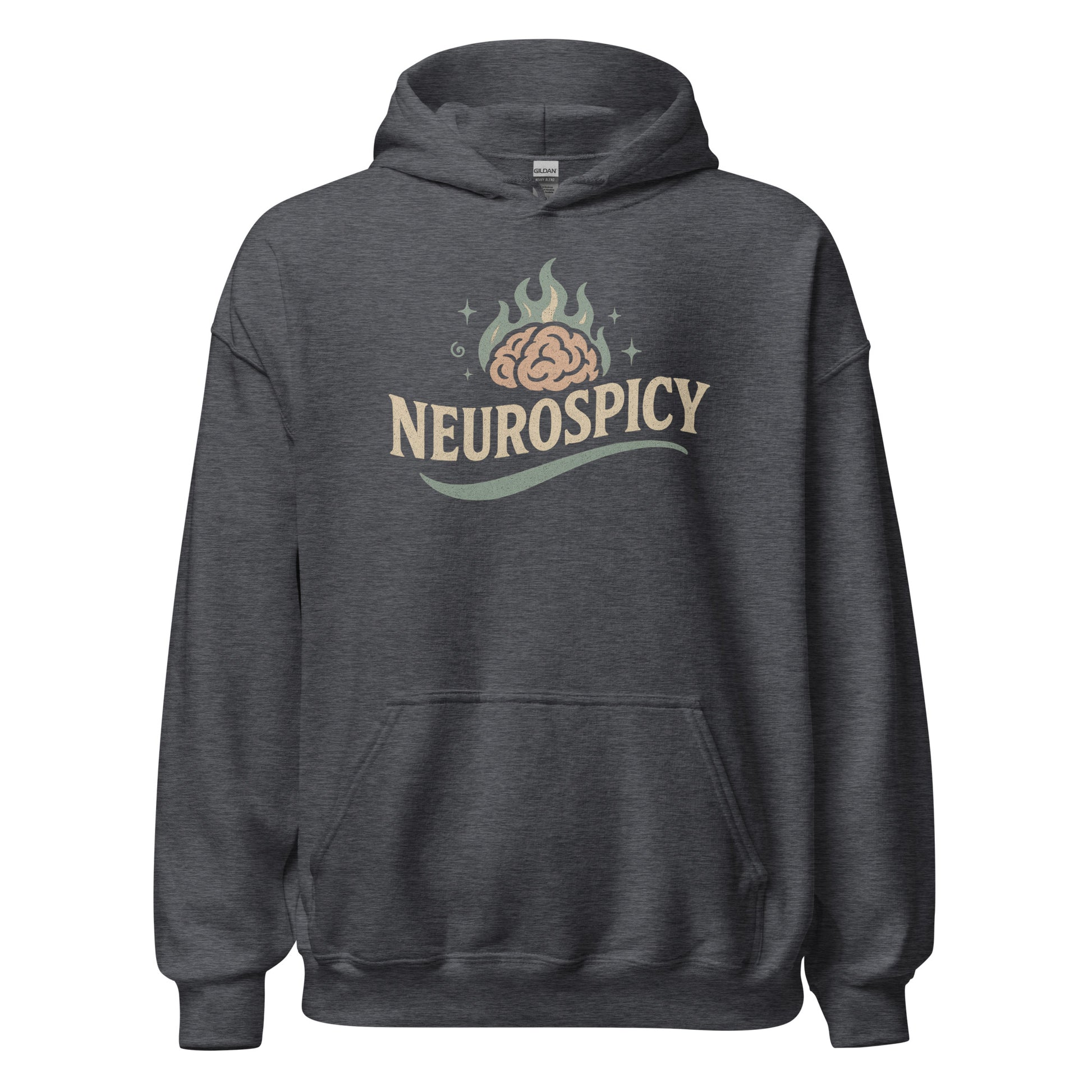 Dark gray hoodie with 'NEUROSPICY' design on a white background