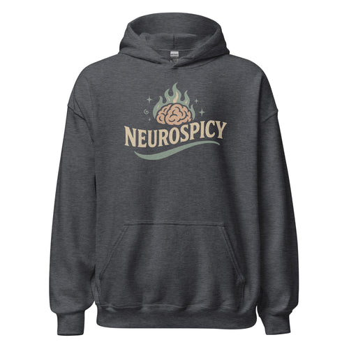Dark gray hoodie with 'NEUROSPICY' design on a white background