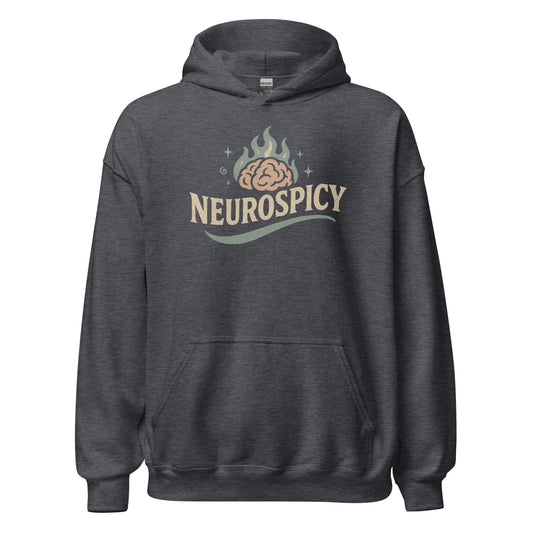 Dark gray hoodie with 'NEUROSPICY' design on a white background