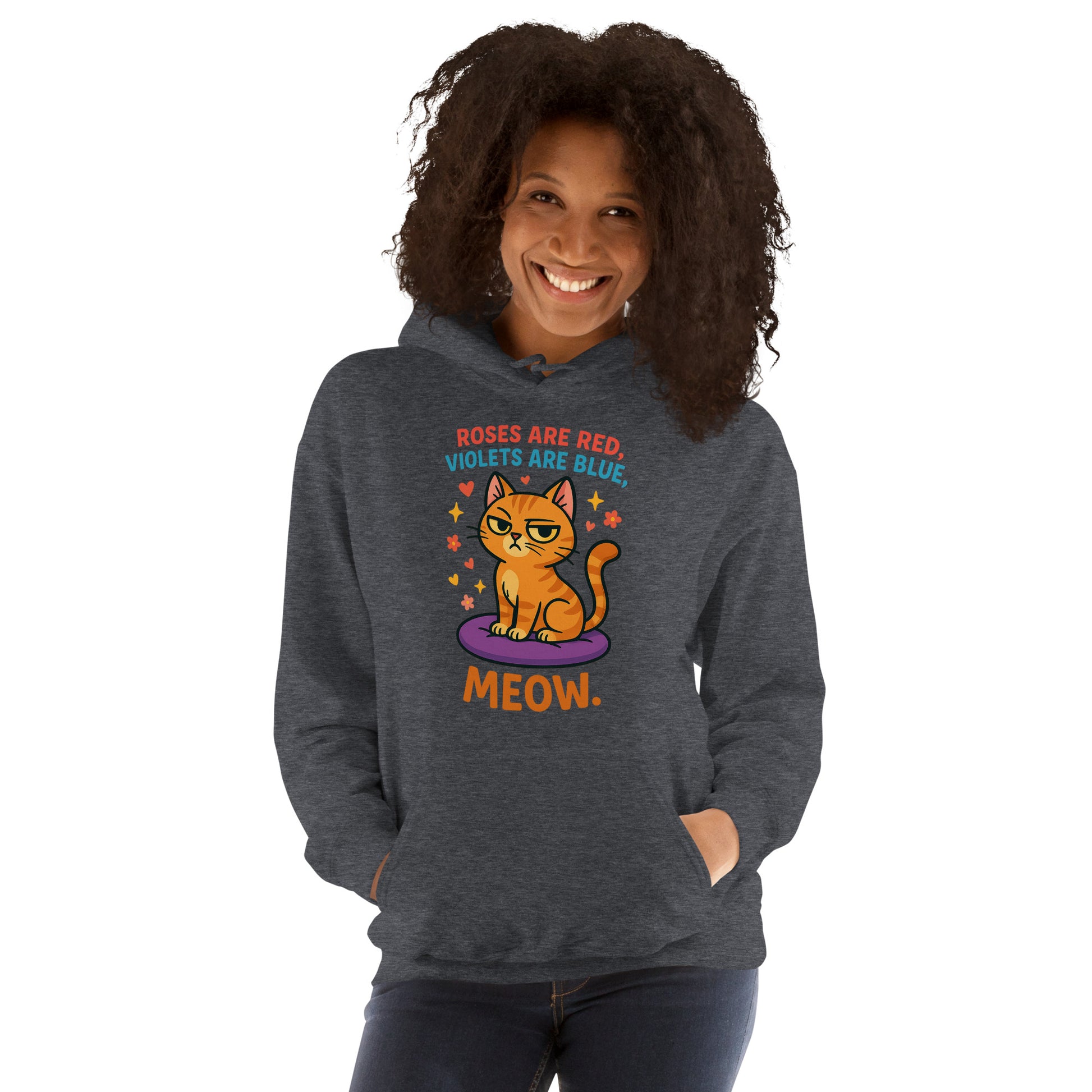 Person wearing a hoodie with a cat graphic and text on a white background