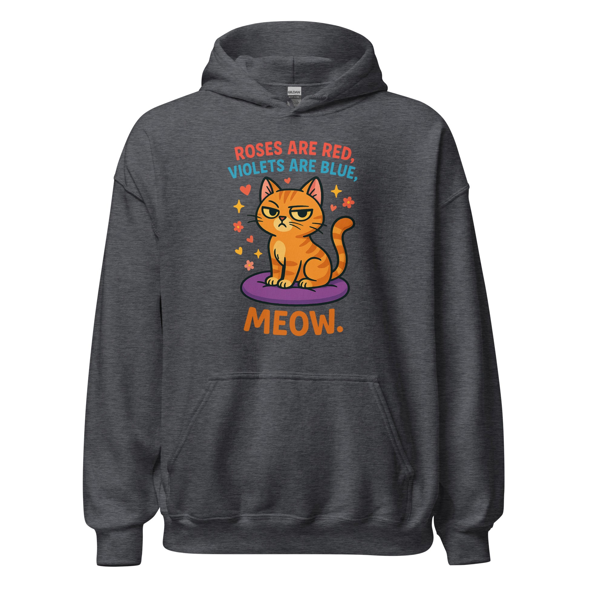 Dark gray hoodie with a cat graphic and text on a white background