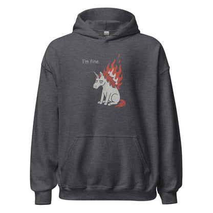 Dark gray hoodie with a graphic of a unicorn and text 'I'm fine.' on a white background