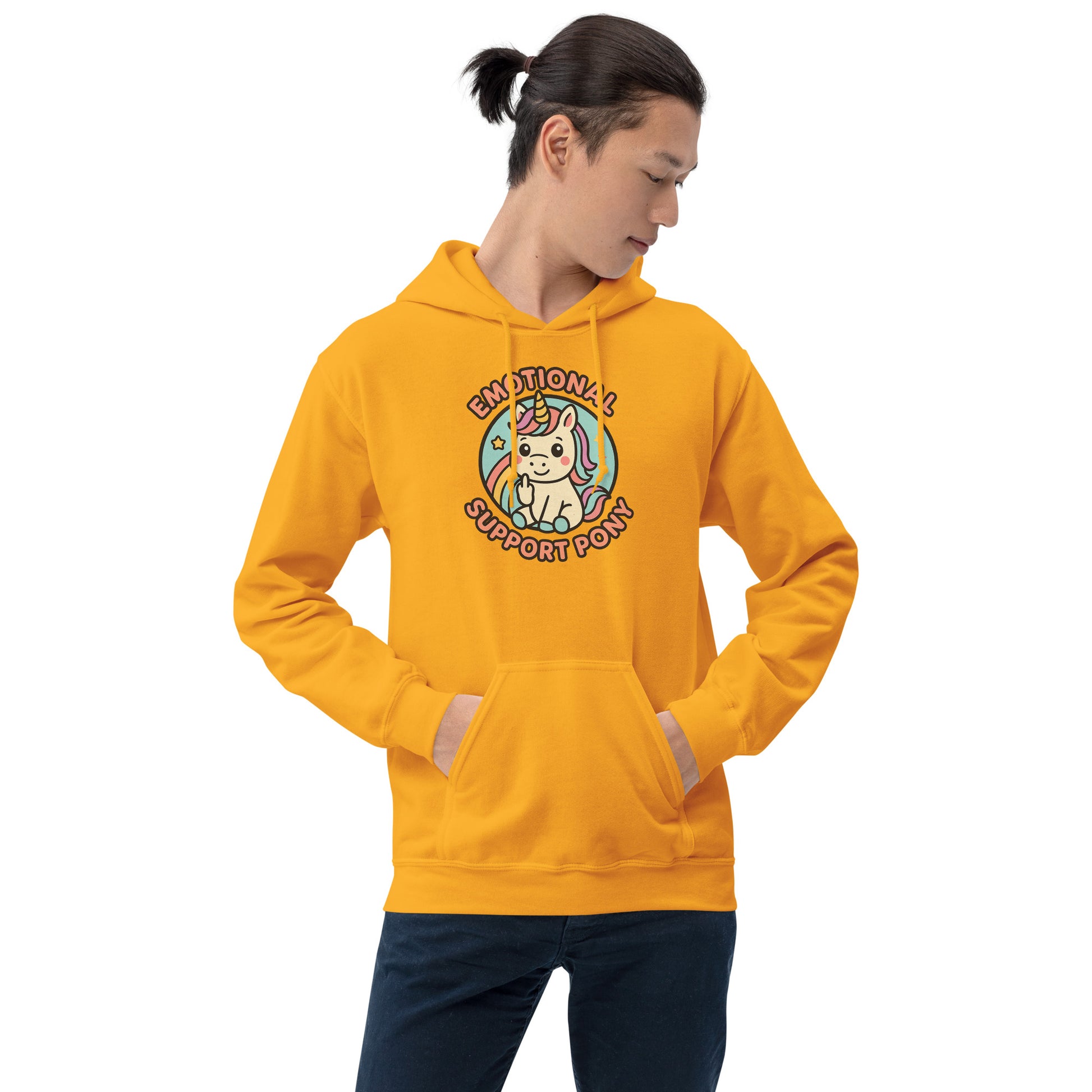 Person wearing a yellow hoodie with a unicorn graphic and text on a white background