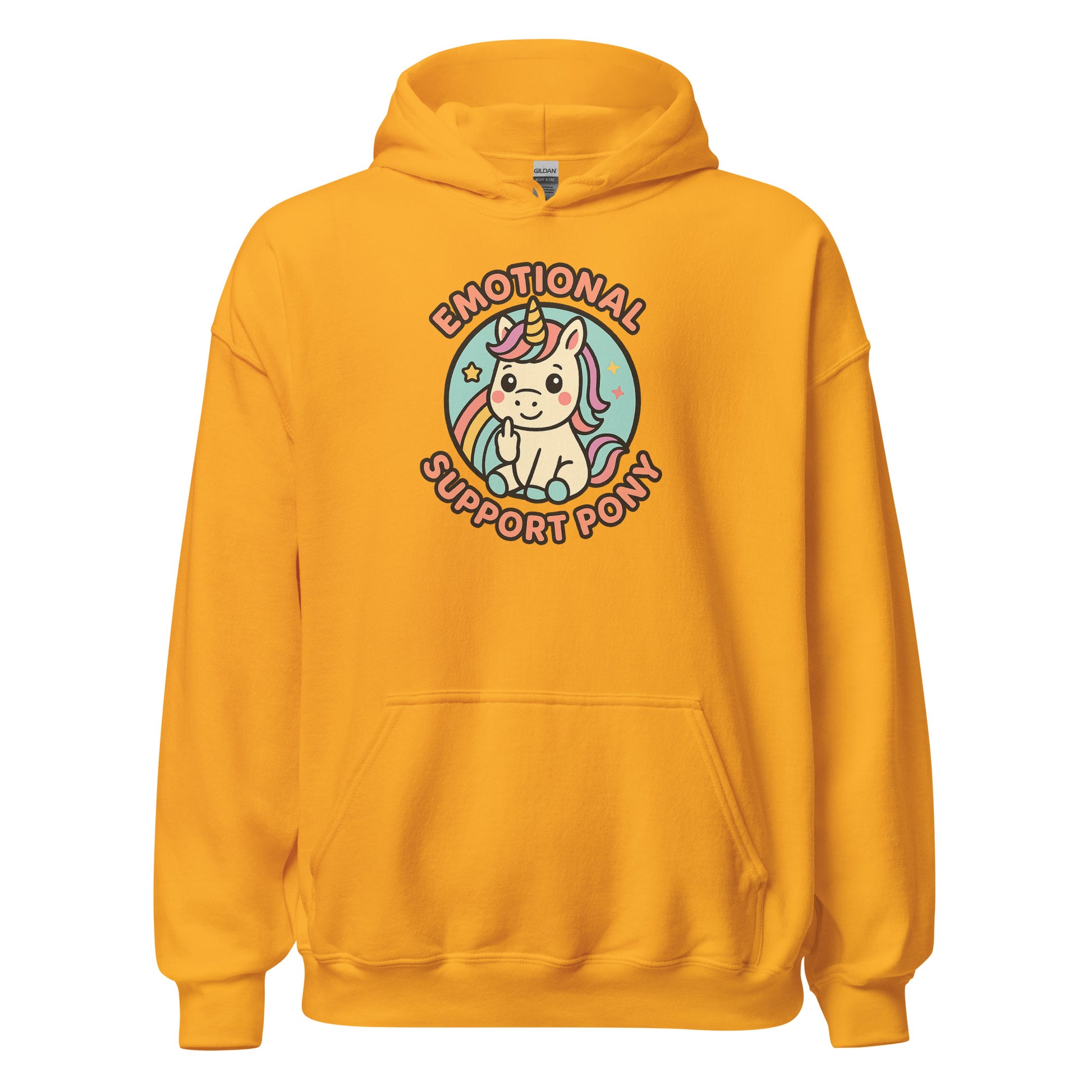 Yellow hoodie with a unicorn graphic and text on a white background
