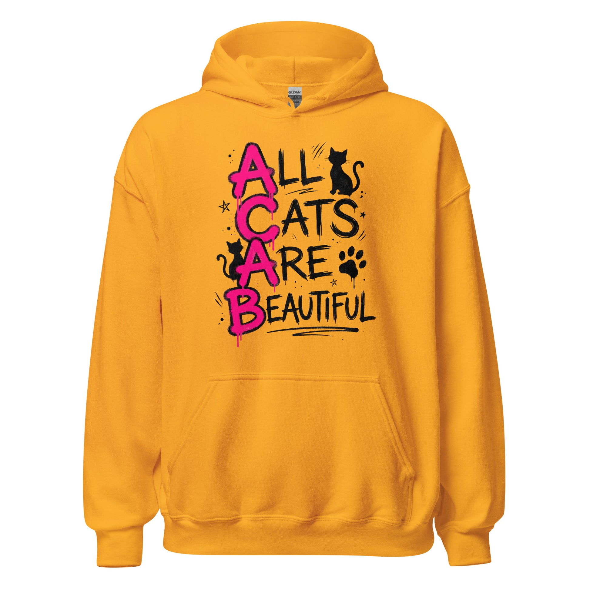 Yellow hoodie with 'All Cats Are Beautiful' text and cat graphics on a white background