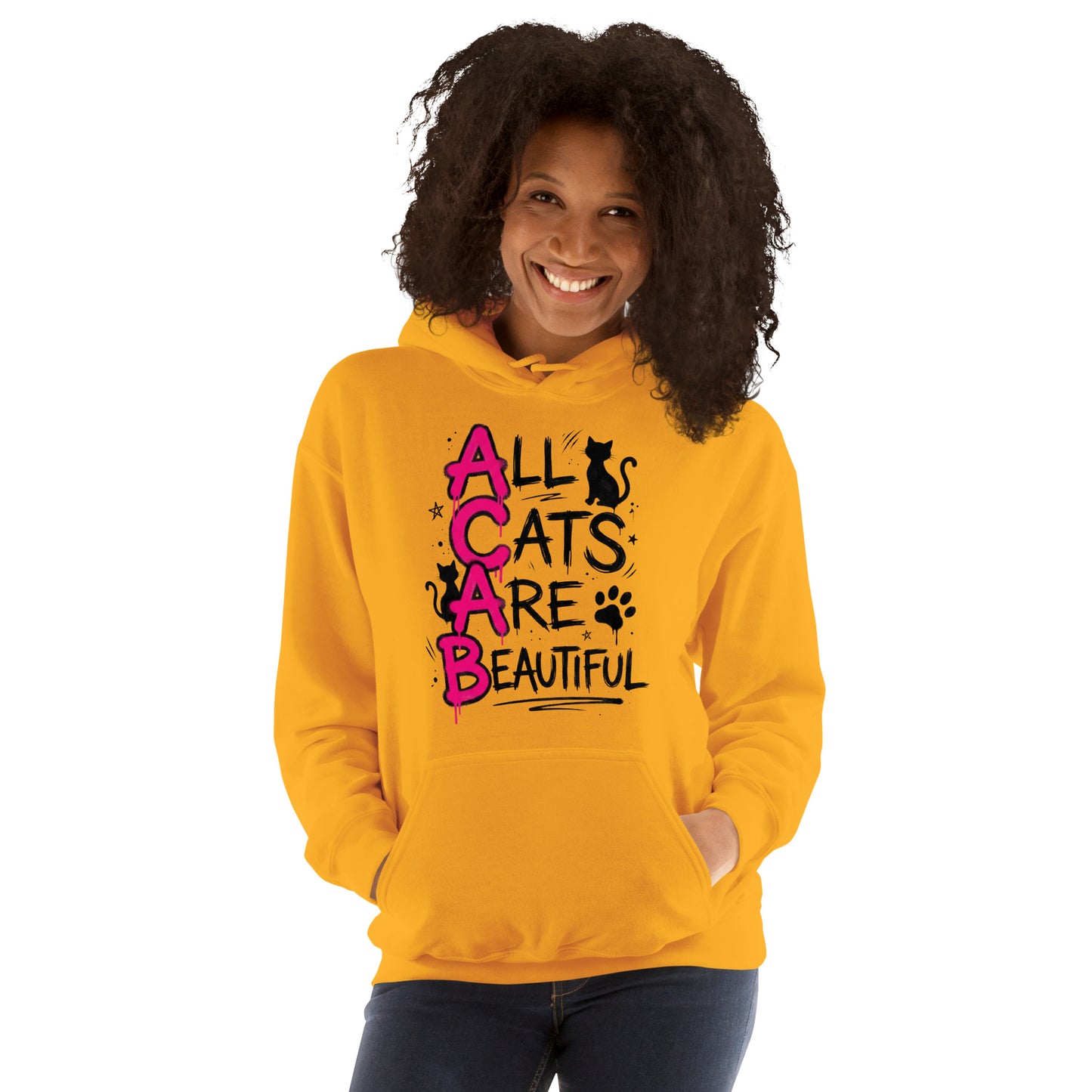 Person wearing a yellow hoodie with 'All Cats Are Beautiful' text and graphics on a white background