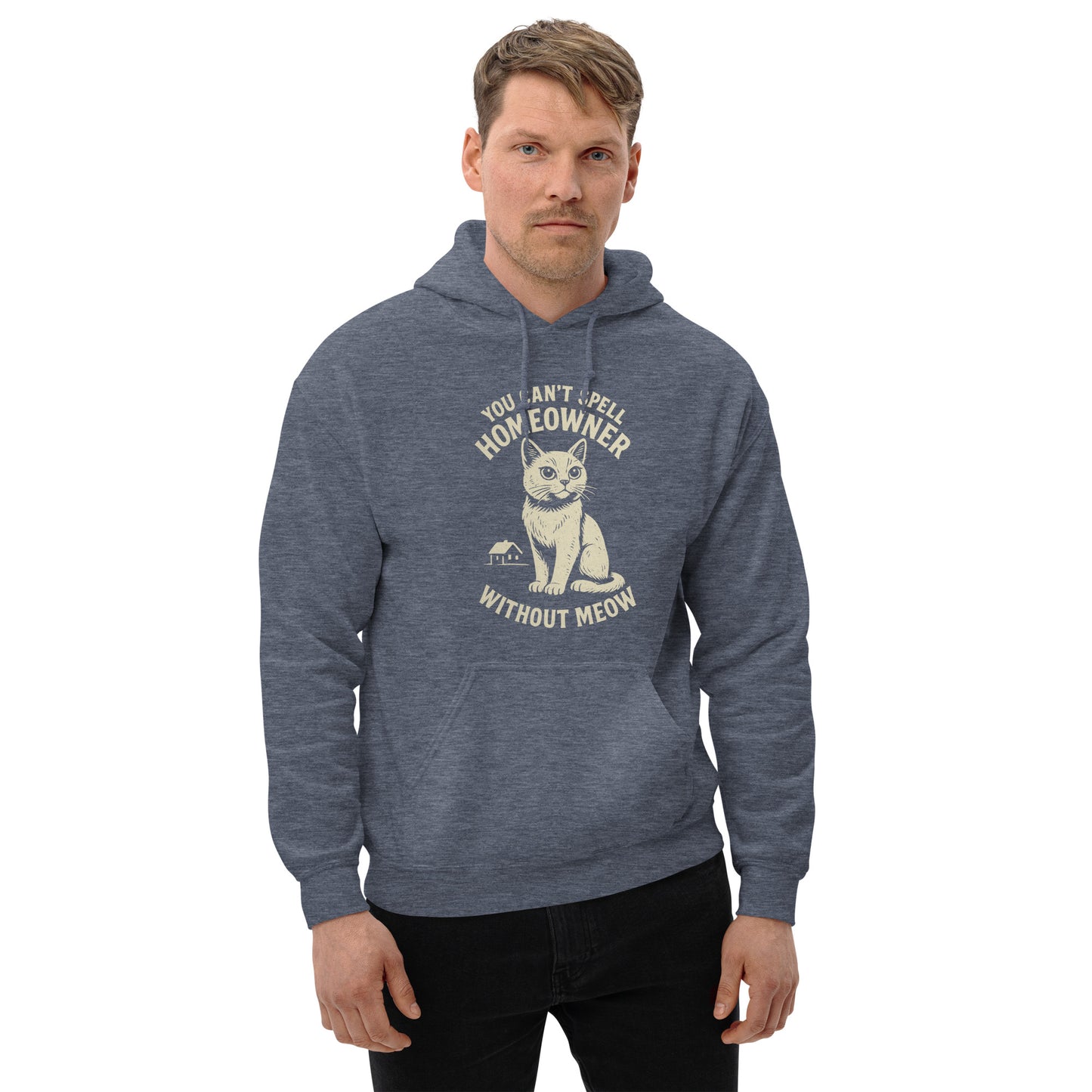 Man wearing a blue hoodie with a cat graphic and text on a white background