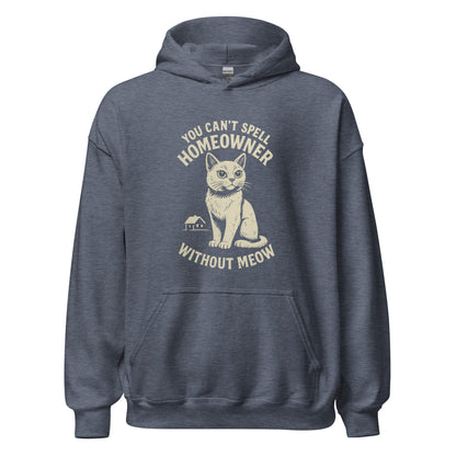 Blue hoodie with a cat graphic and text on a white background