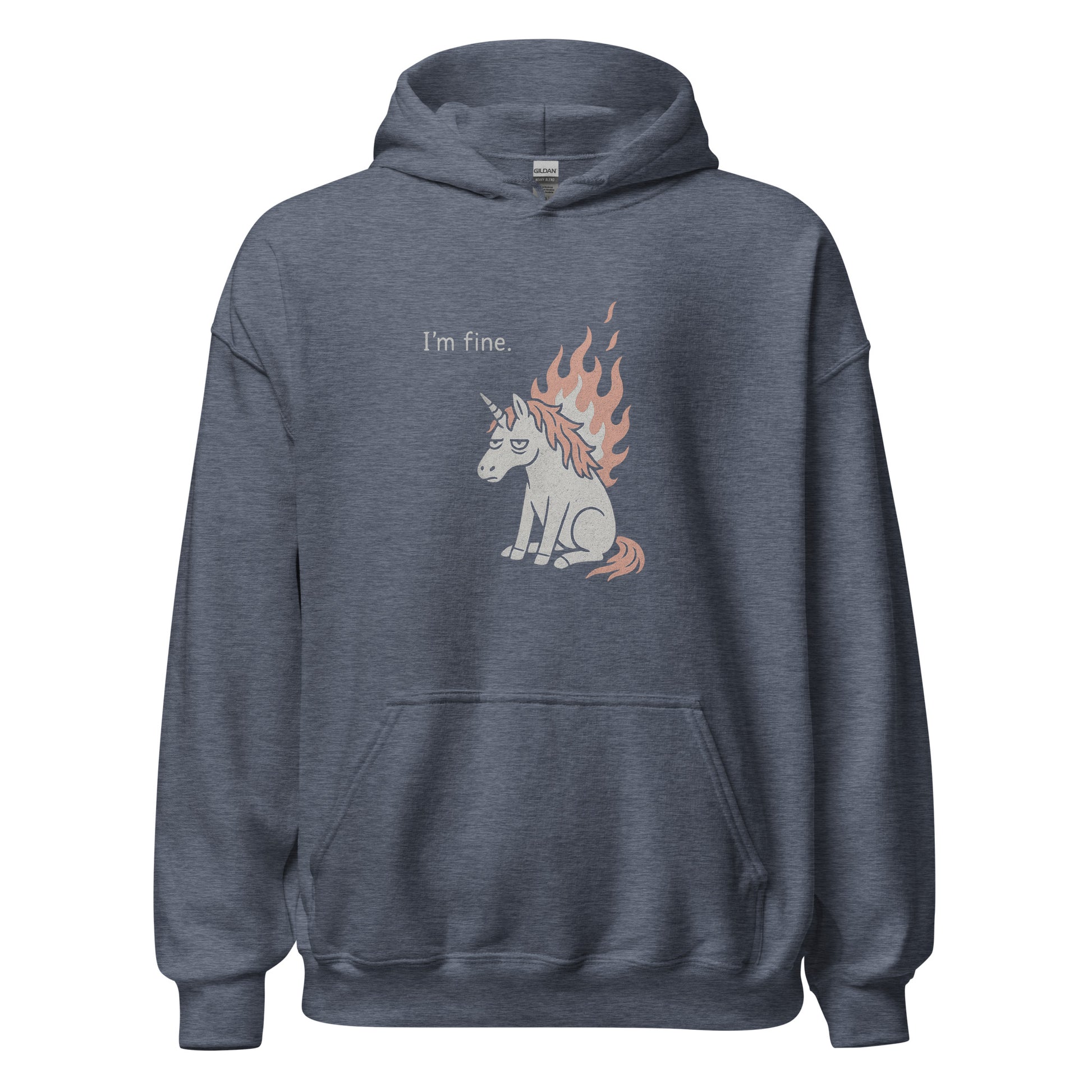 Blue hoodie with a unicorn graphic and 'I'm fine.' text on a white background