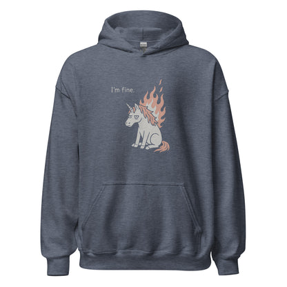 Blue hoodie with a unicorn graphic and 'I'm fine.' text on a white background
