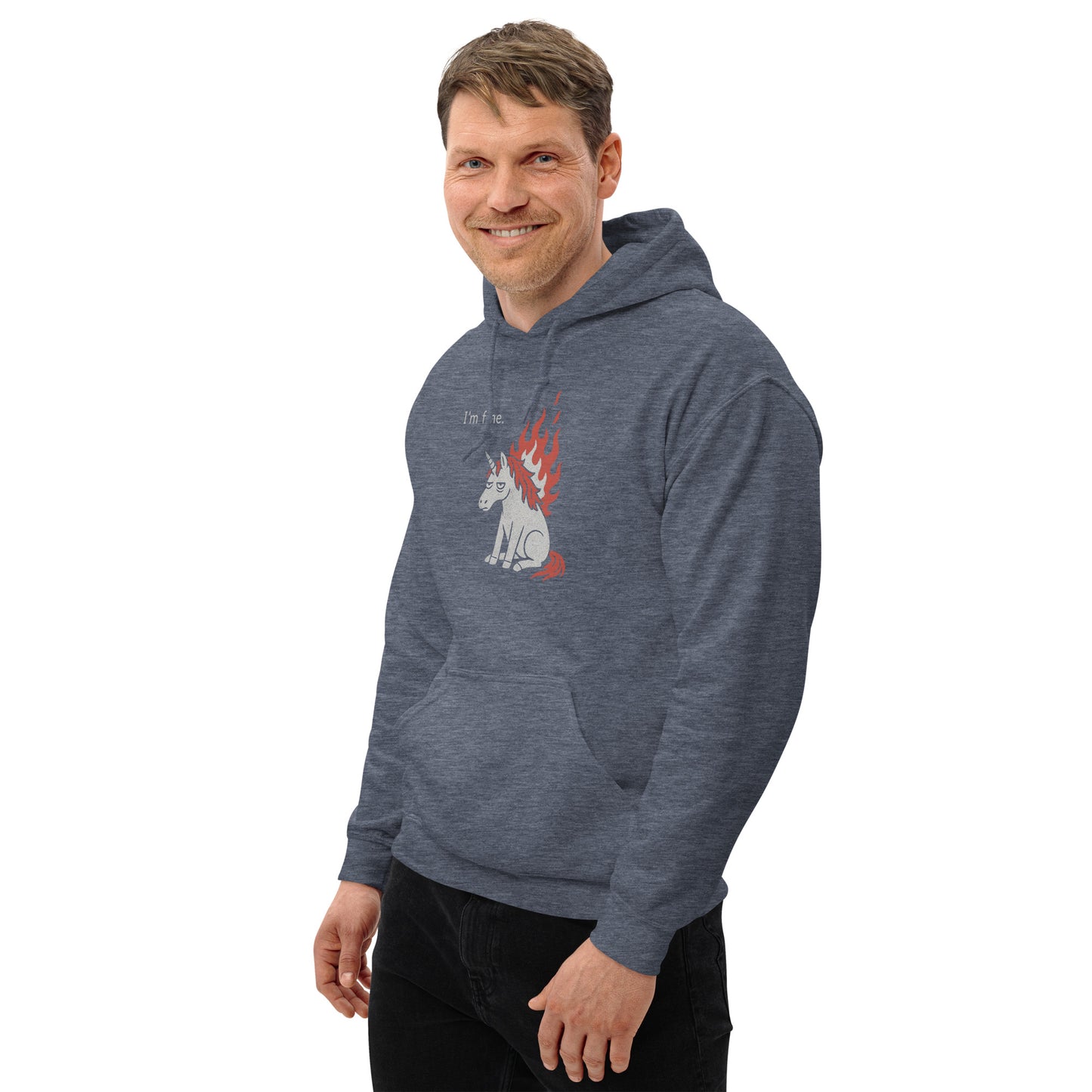 Man wearing a blue hoodie with a graphic design on a white background