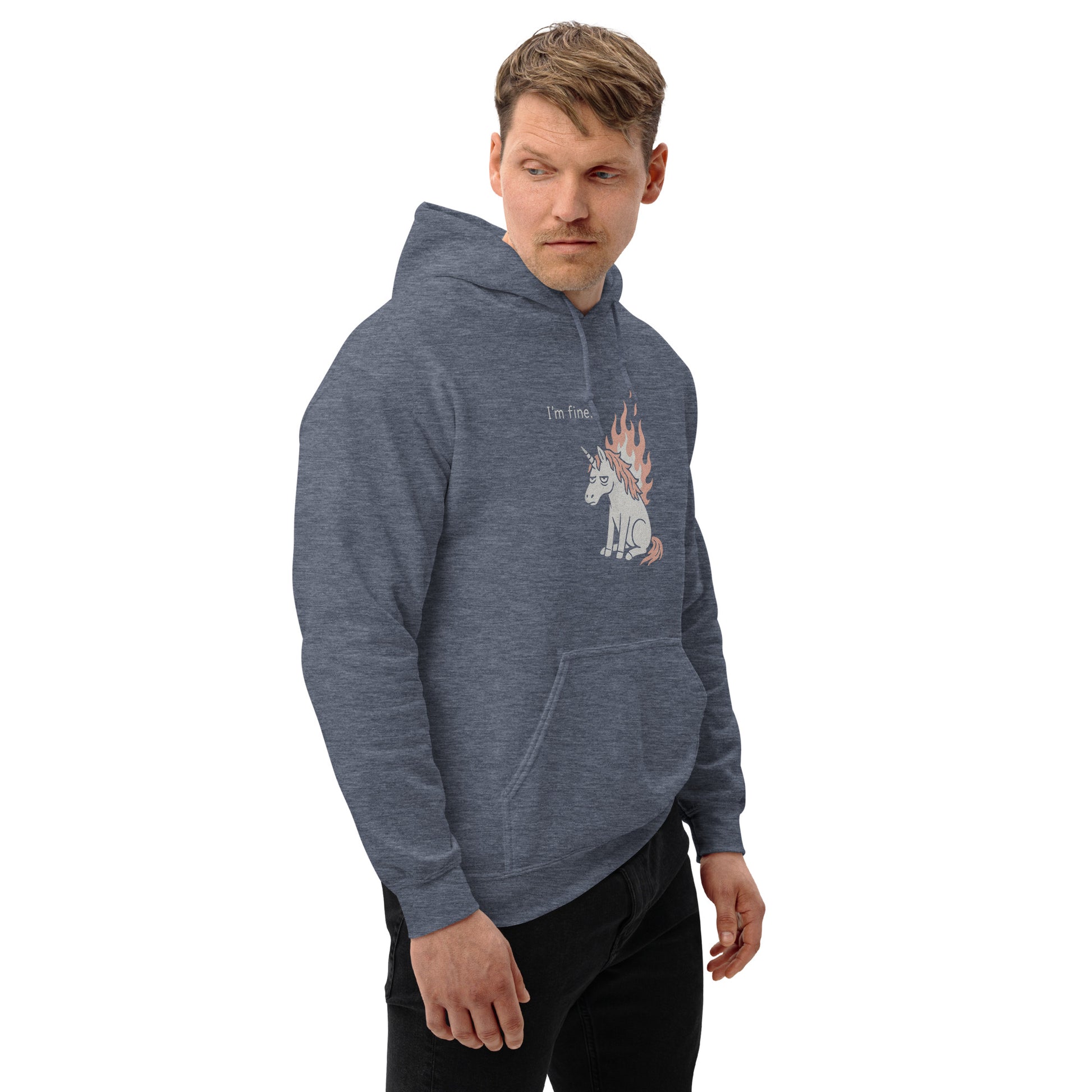 Man wearing a gray hoodie with a graphic design on a white background