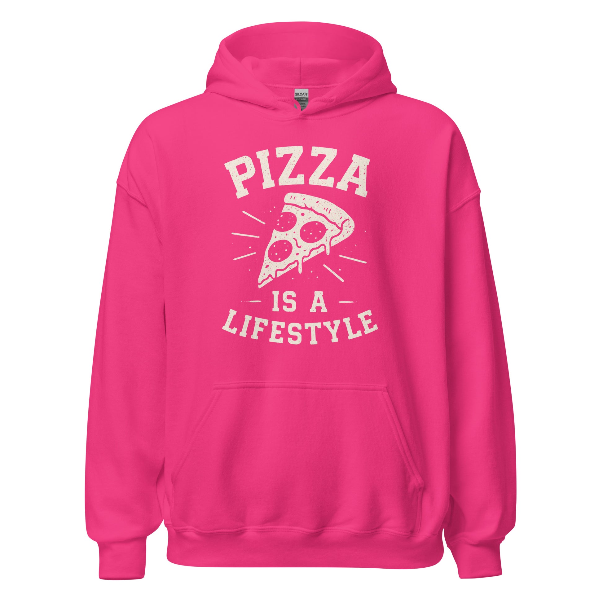 Pink hoodie with 'Pizza is a Lifestyle' text and pizza slice graphic on a white background