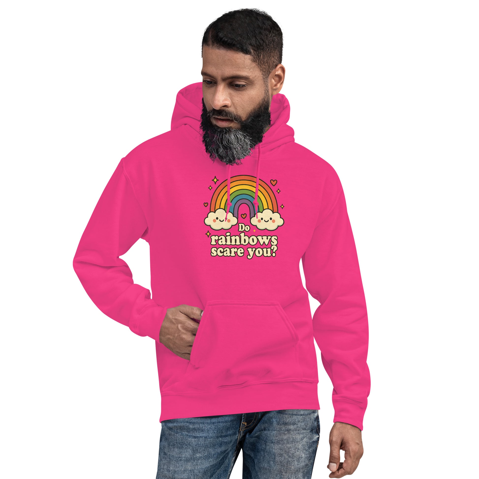 Person wearing a bright pink hoodie with a rainbow design and text on a white background