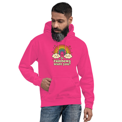 Person wearing a bright pink hoodie with a rainbow design and text on a white background