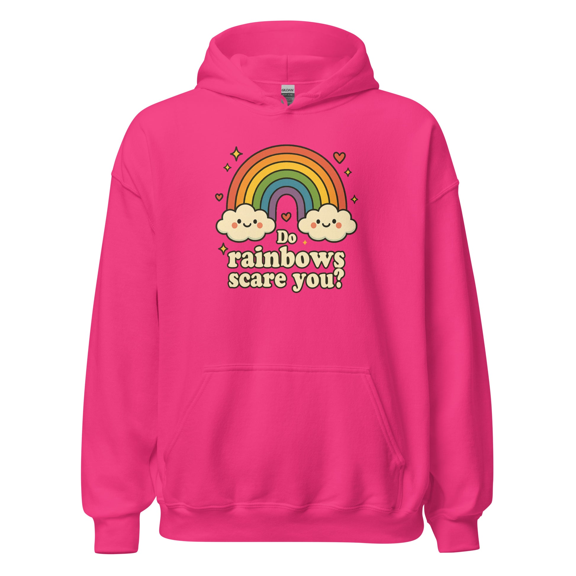 Pink hoodie with rainbow and cloud design on a white background