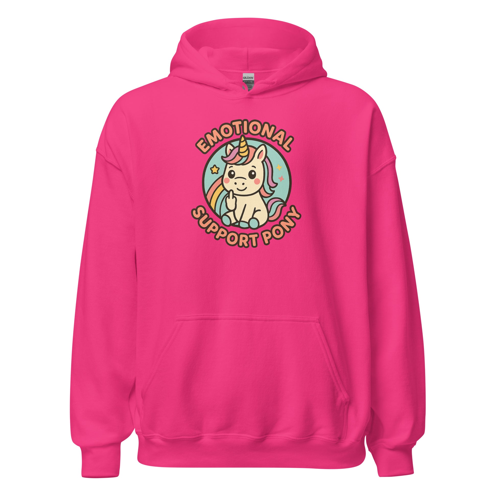 Pink hoodie with a unicorn graphic and text on a white background