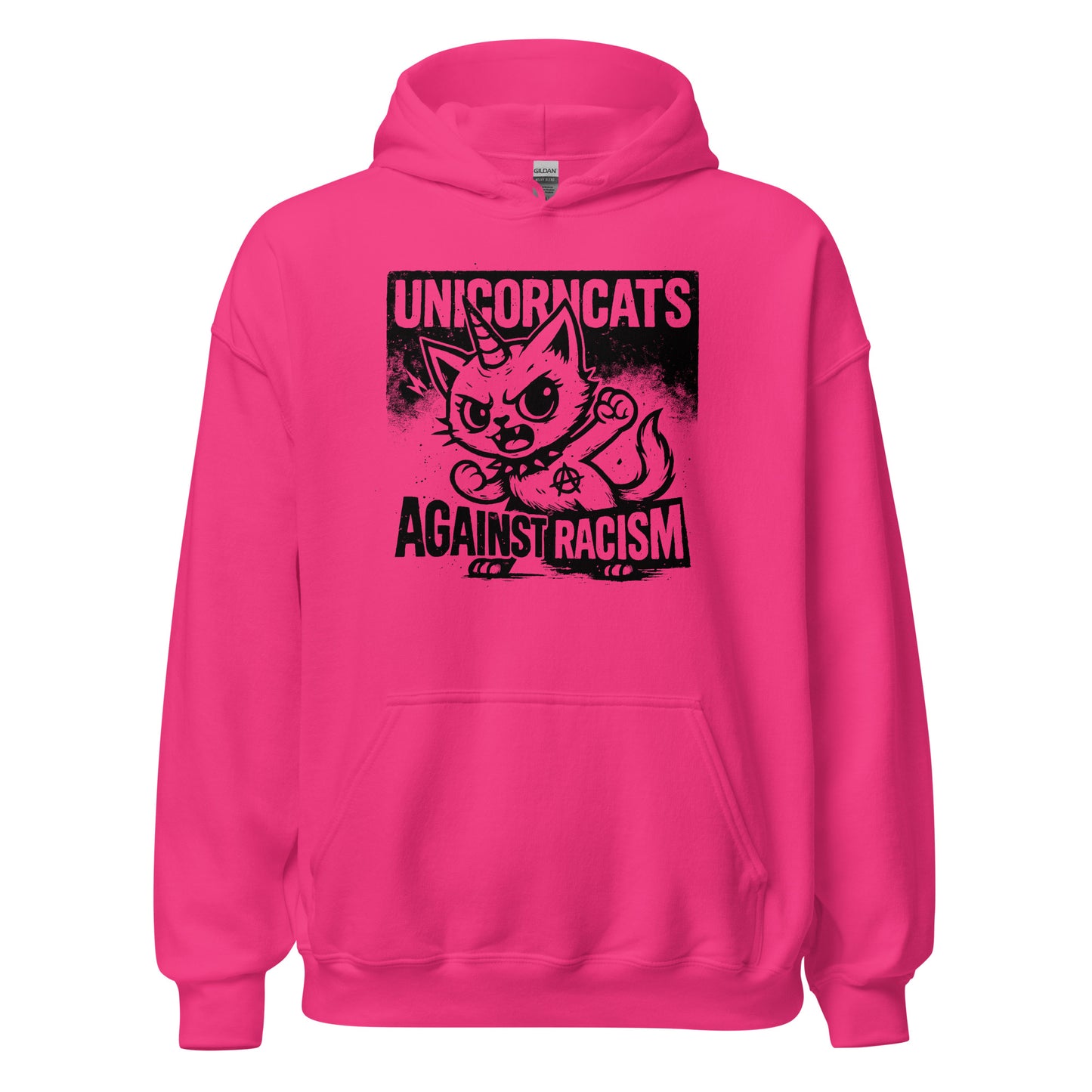 Pink hoodie with a unicorncat and a text reading "Unicorncats against racism"