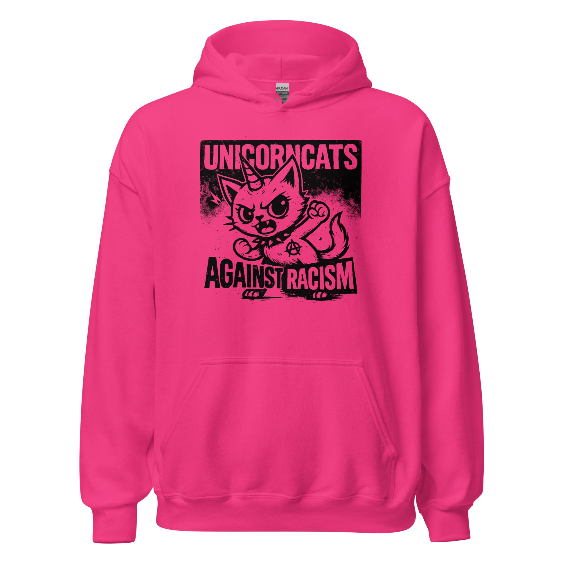 Pink hoodie with a unicorncat and a text reading "Unicorncats against racism"