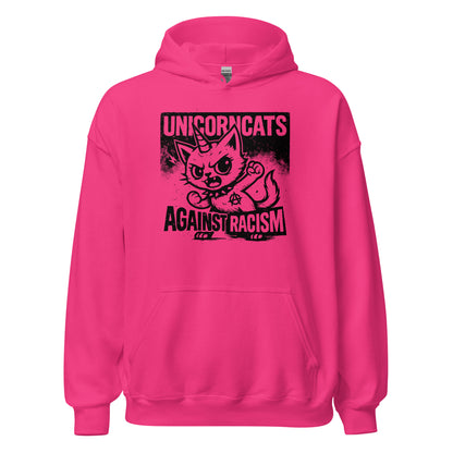 Pink hoodie with a unicorncat and a text reading "Unicorncats against racism"