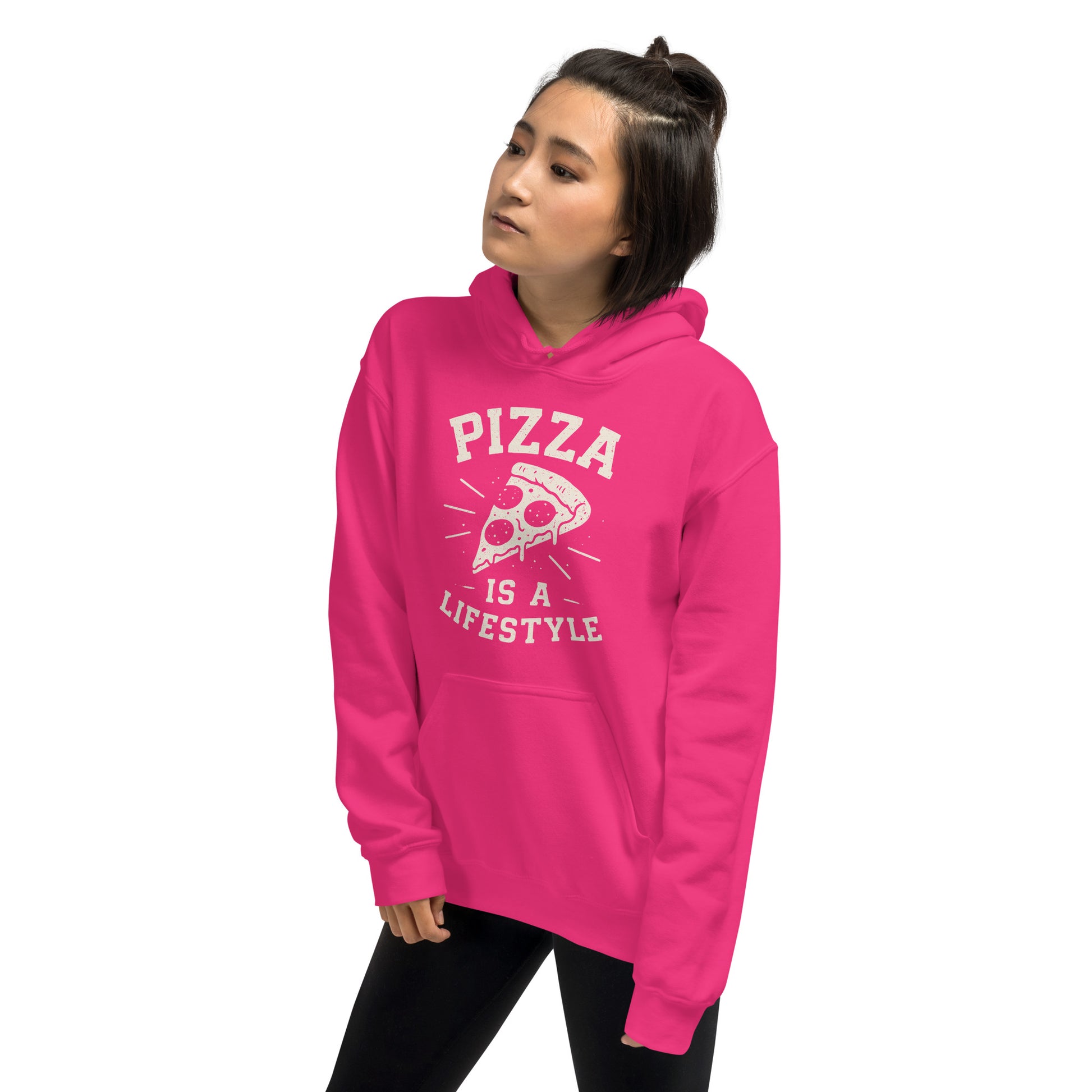 Person wearing a pink hoodie with 'Pizza is a Lifestyle' text on a white background