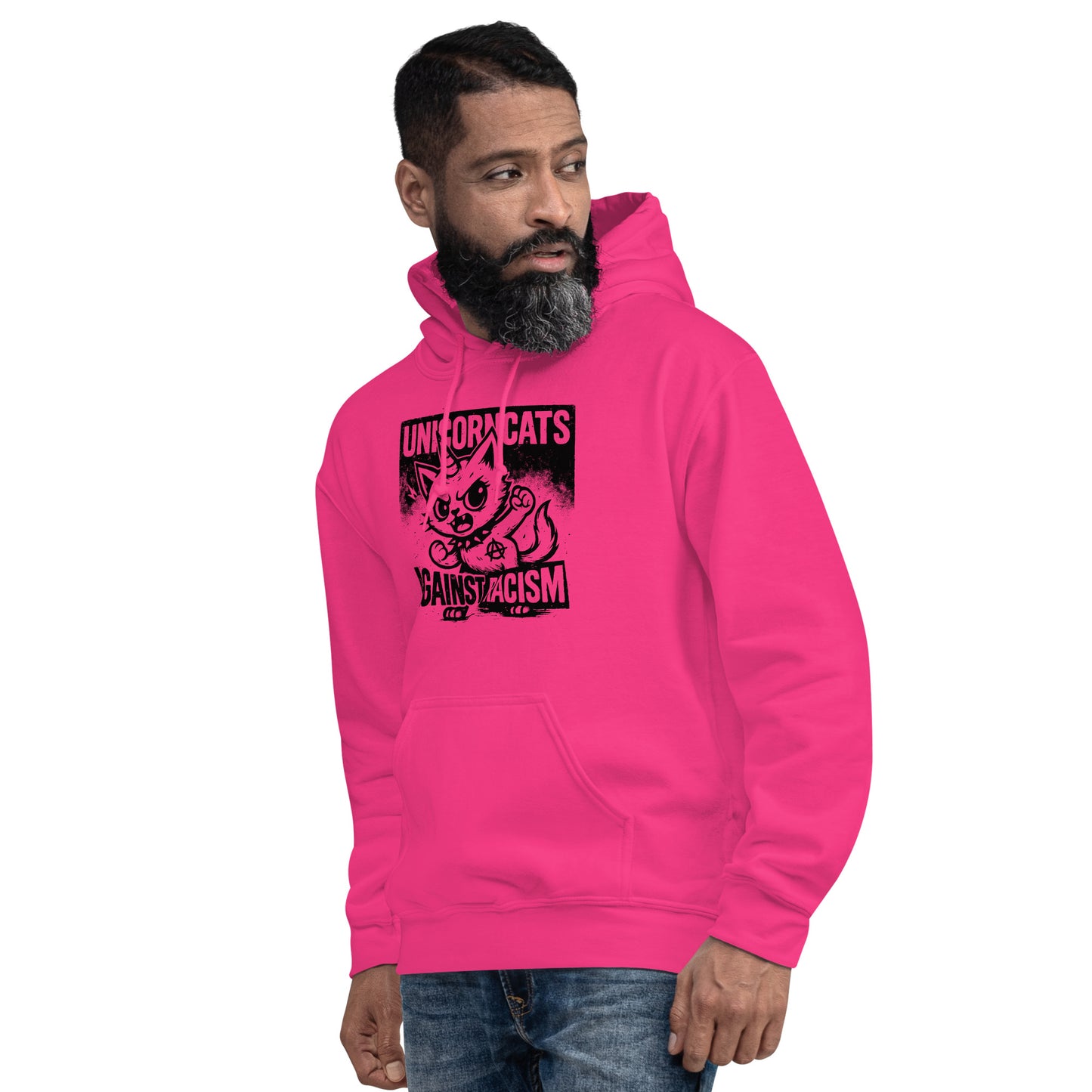 Man wearing pink hoodie with a unicorncat and a text reading "Unicorncats against racism"