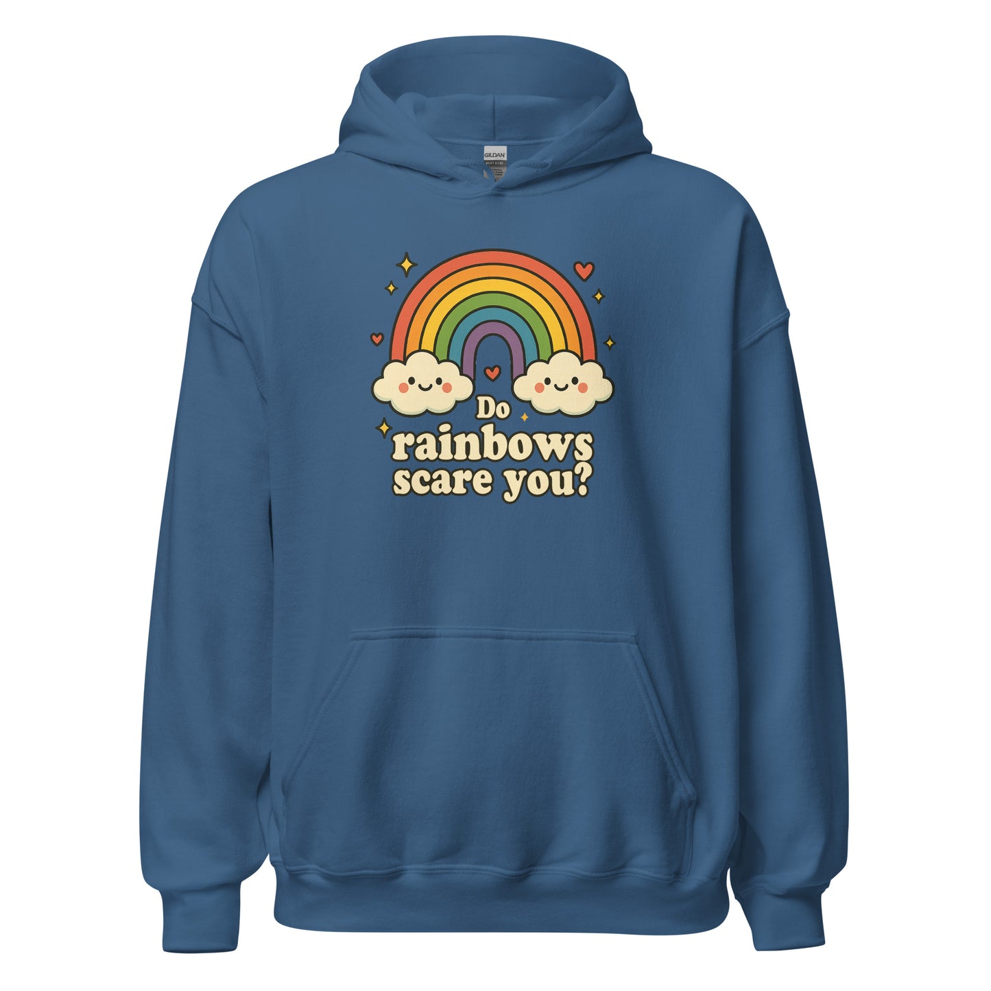 Blue hoodie with rainbow and cloud design on a white background
