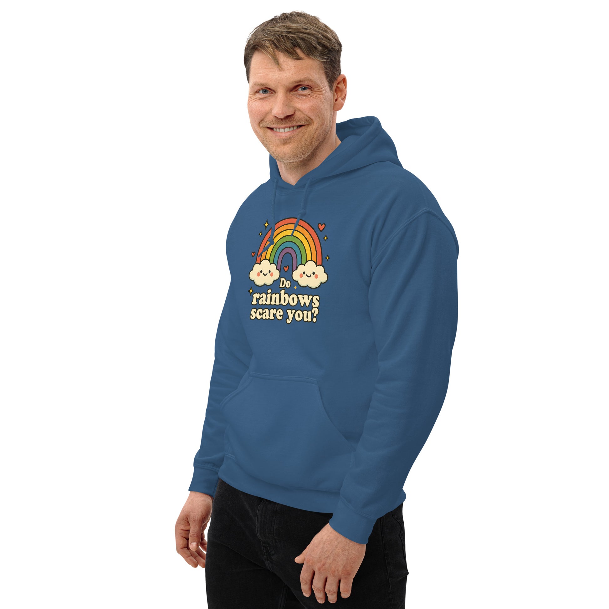 Man wearing a blue hoodie with a rainbow and cloud design on a white background
