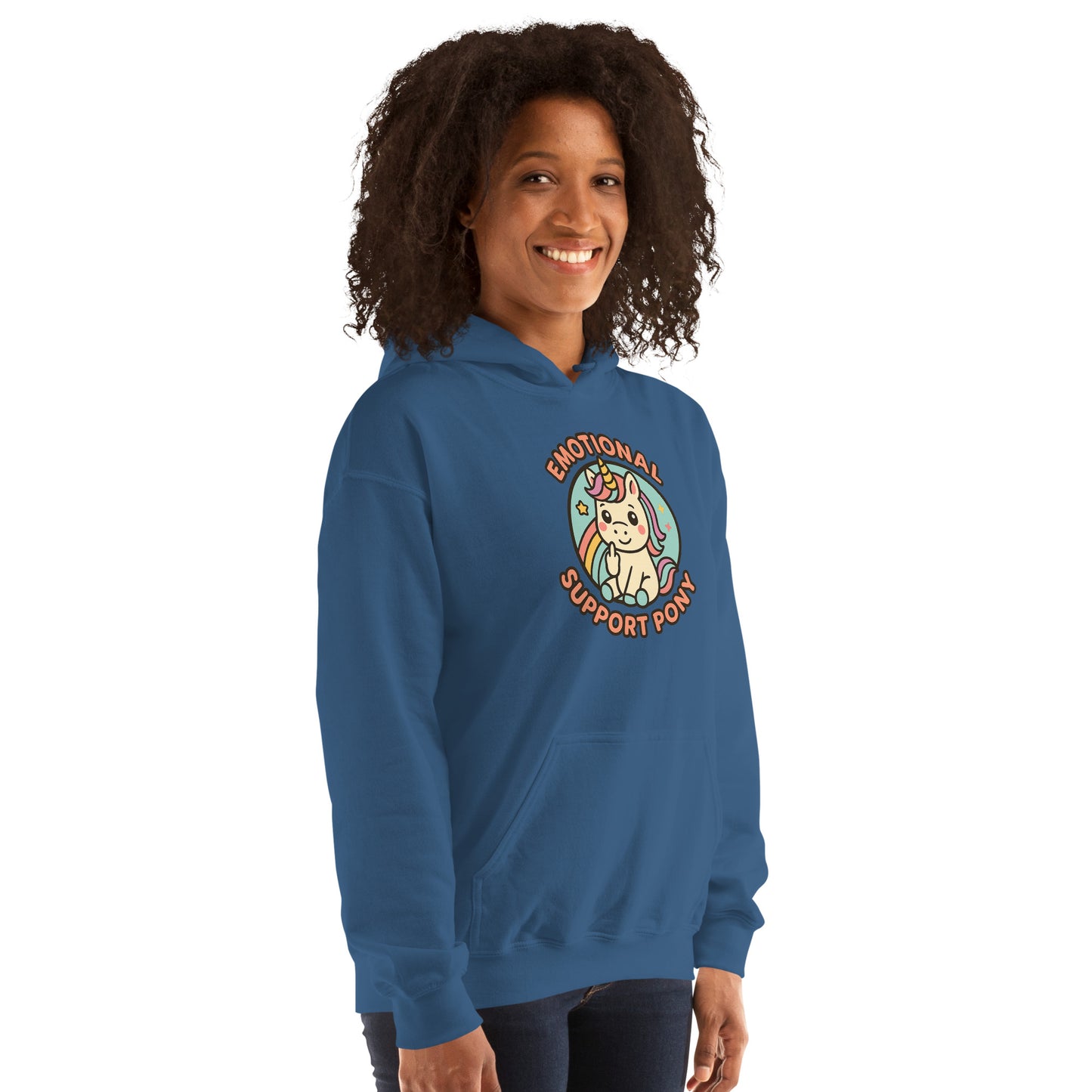 Person wearing a blue hoodie with a graphic design on a white background