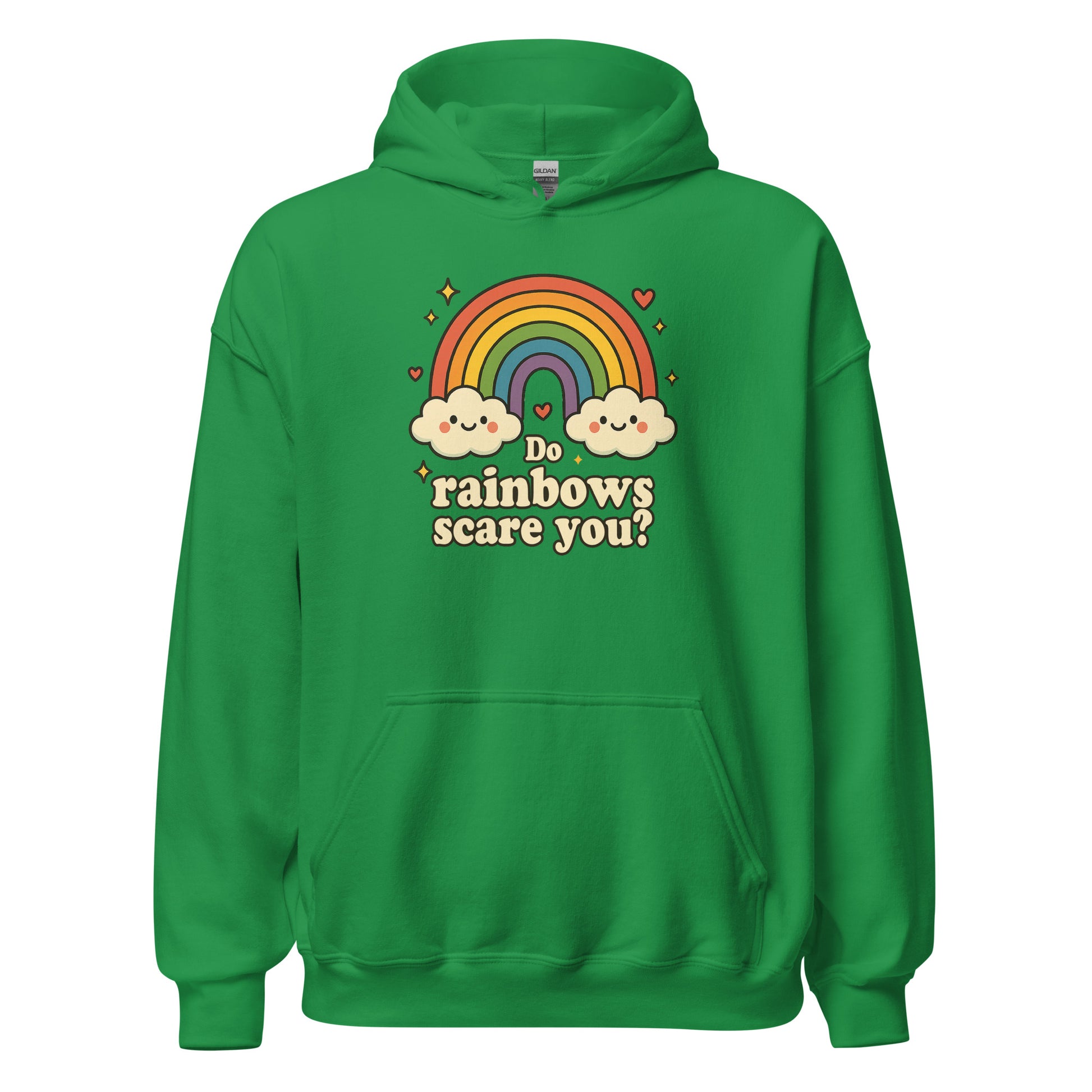 Green hoodie with rainbow and cloud design on a white background