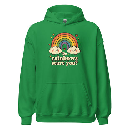Green hoodie with rainbow and cloud design on a white background