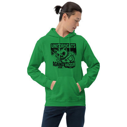 Man wearing green hoodie with a unicorncat and a text reading "Unicorncats against racism"