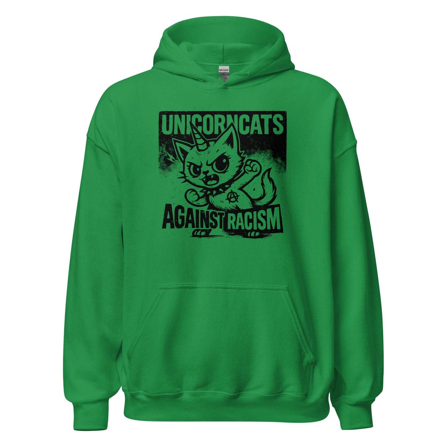 Green hoodie with a unicorncat and a text reading "Unicorncats against racism"