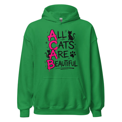 Green hoodie with 'All Cats Are Beautiful' text and cat illustrations on a white background
