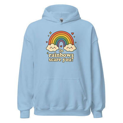 Light blue hoodie with rainbow and cloud design on a white background
