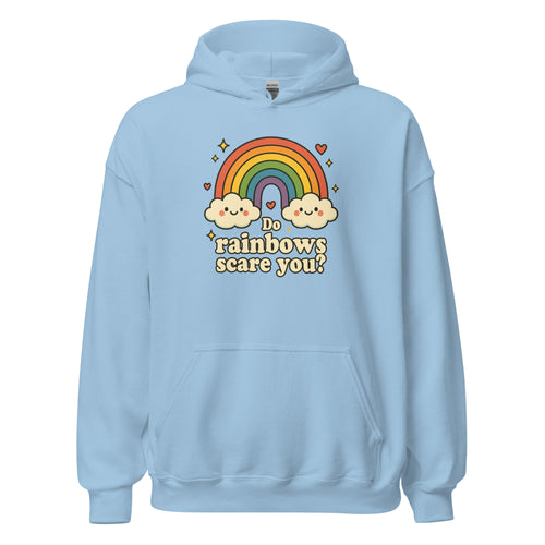 Light blue hoodie with rainbow and cloud design on a white background