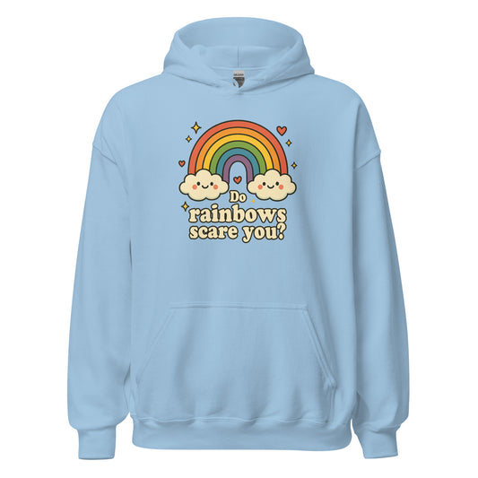 Light blue hoodie with rainbow and cloud design on a white background