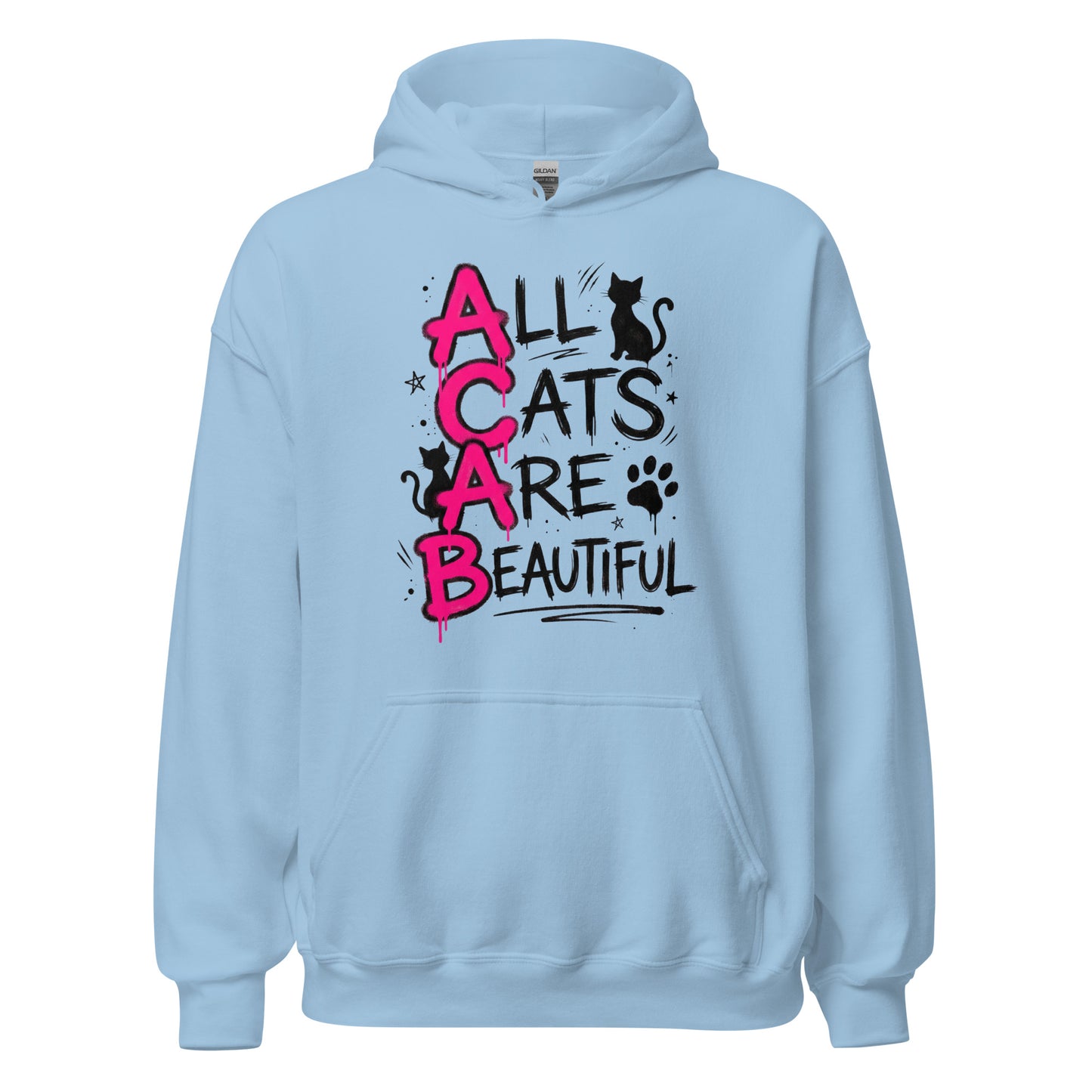 Light blue hoodie with 'All Cats Are Beautiful' text and cat illustrations on a white background