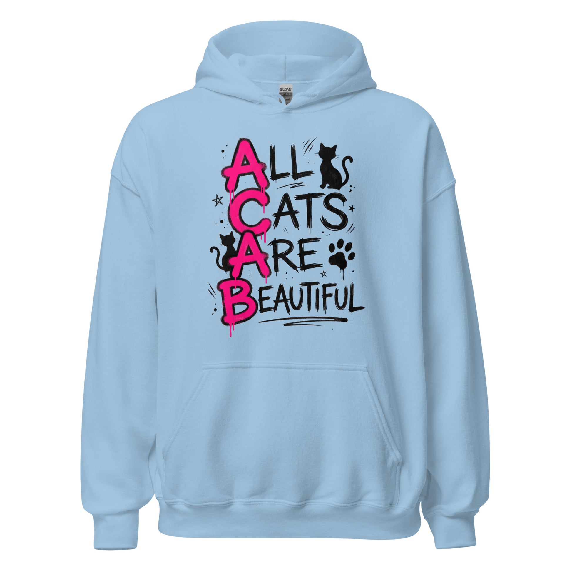Light blue hoodie with 'All Cats Are Beautiful' text and cat illustrations on a white background