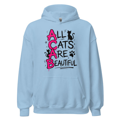Light blue hoodie with 'All Cats Are Beautiful' text and cat illustrations on a white background