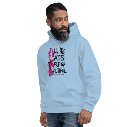 Man wearing a light blue hoodie with a cat-themed design on a white background
