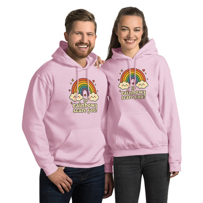 Two people wearing pink hoodies with rainbow designs and text.