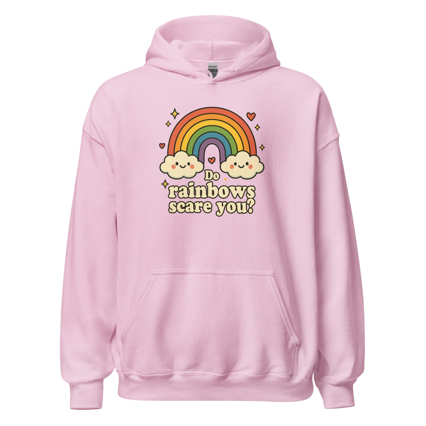 Pink hoodie with rainbow and cloud design on a white background