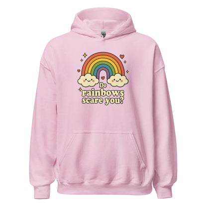 Pink hoodie with rainbow and cloud design on a white background