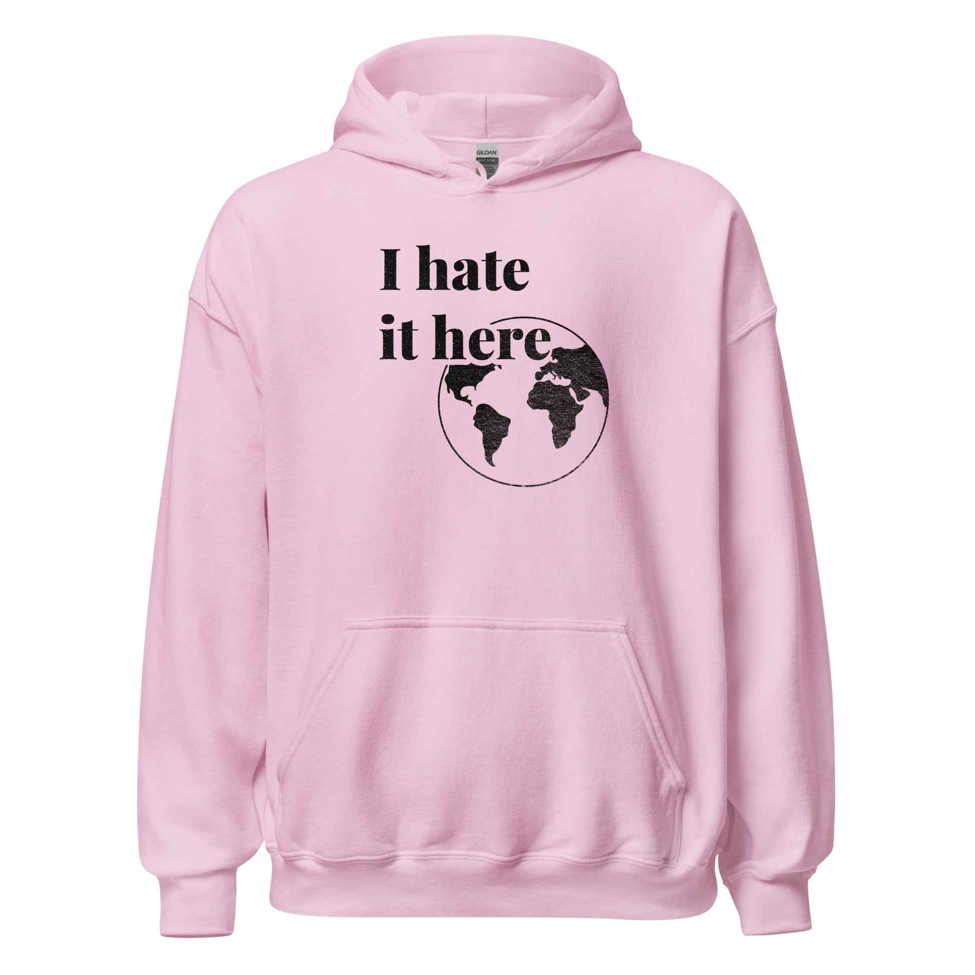 Pink hoodie with 'I hate it here' text and world map design on a white background